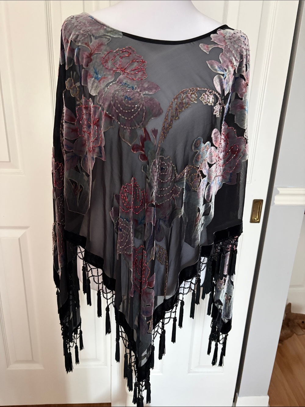 Black Sheer Floral Fringe Cape with Beaded Accents and Velour Trim